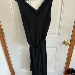 Women's Black V-Neck Jumpsuit with Waist Tie
